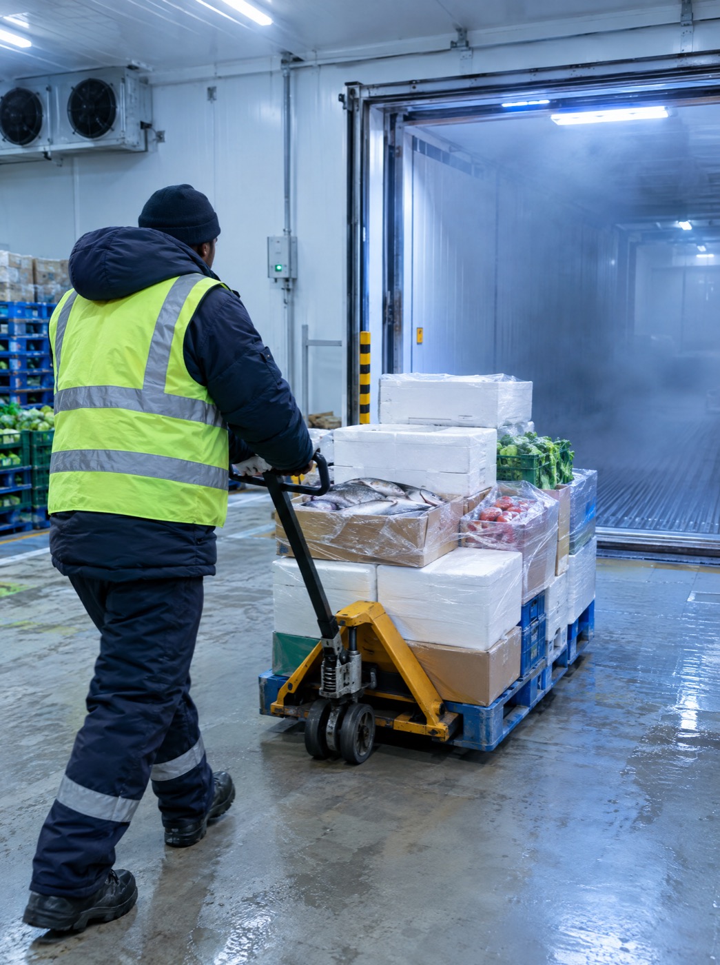Worker in a hi-vis vest moving a pallet of boxed seafood and produce toward a refrigerated container in a cold store