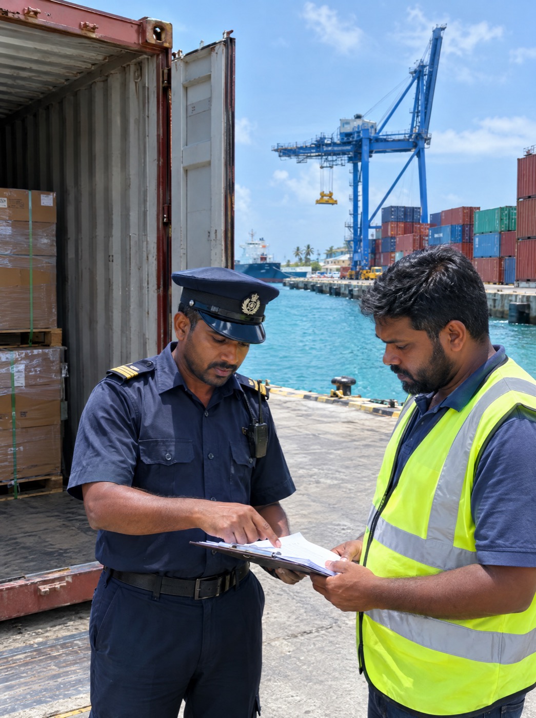 Customs officer and freight agent checking documents beside an open container at Malé commercial harbour