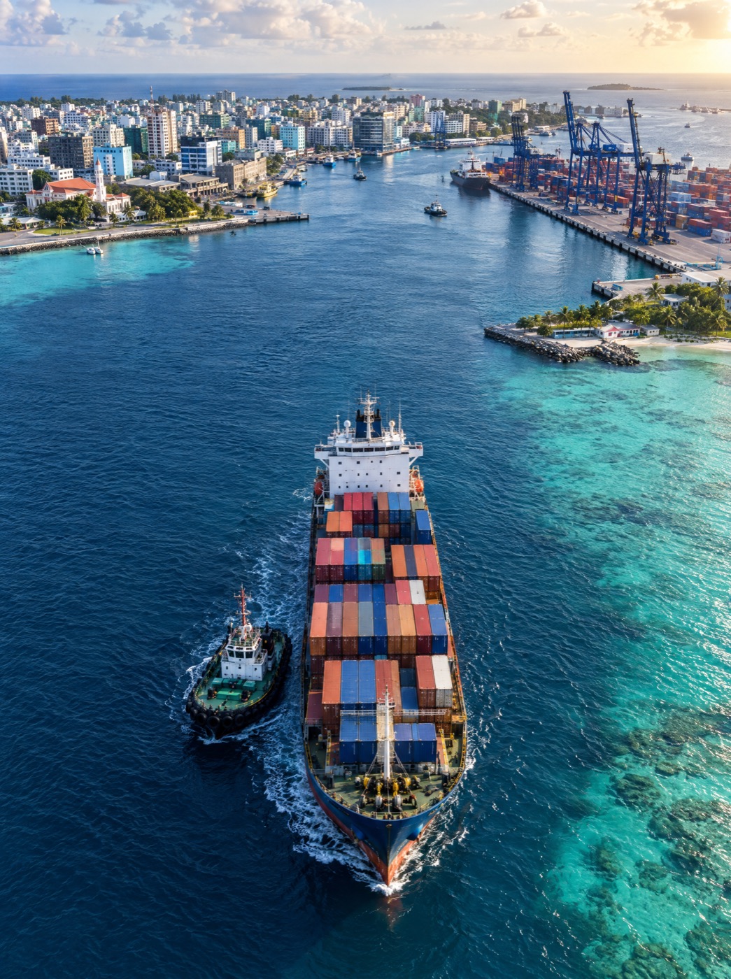 Container feeder ship with a tug alongside approaching Malé commercial harbour, seen from the air