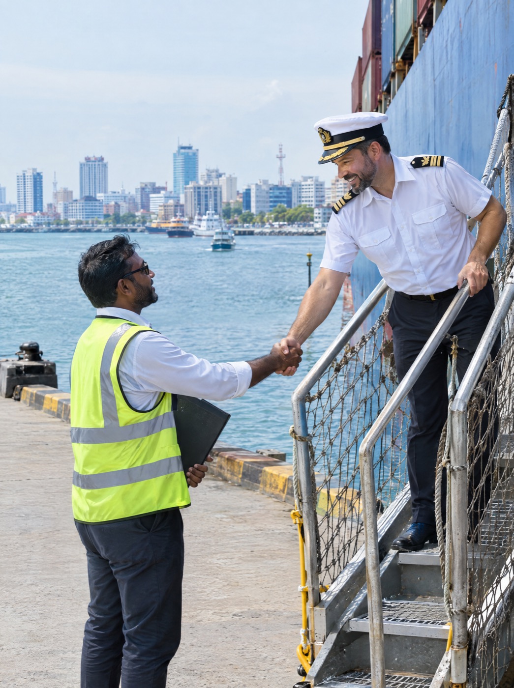 Port agent greeting the captain at the gangway of a container ship berthed at Malé